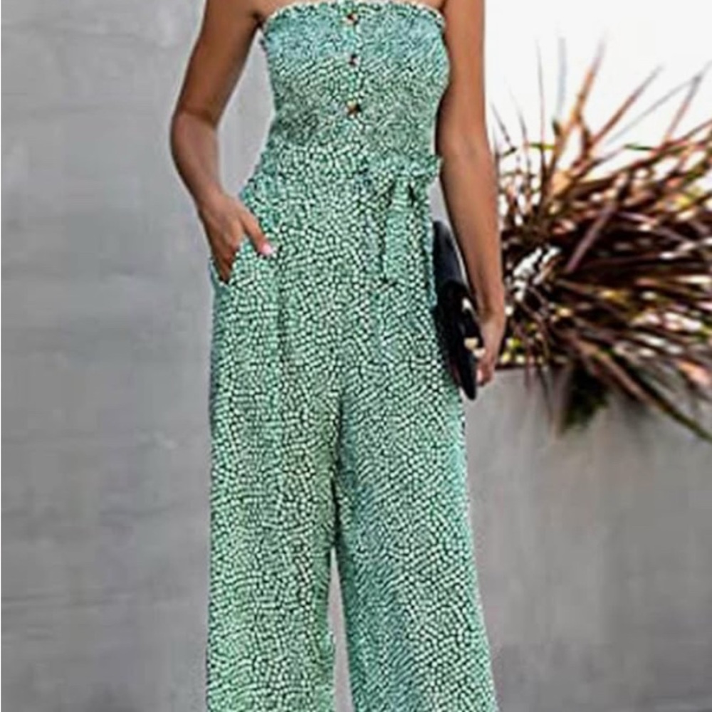Amazon Green Patterned Strapless Jumpsuit